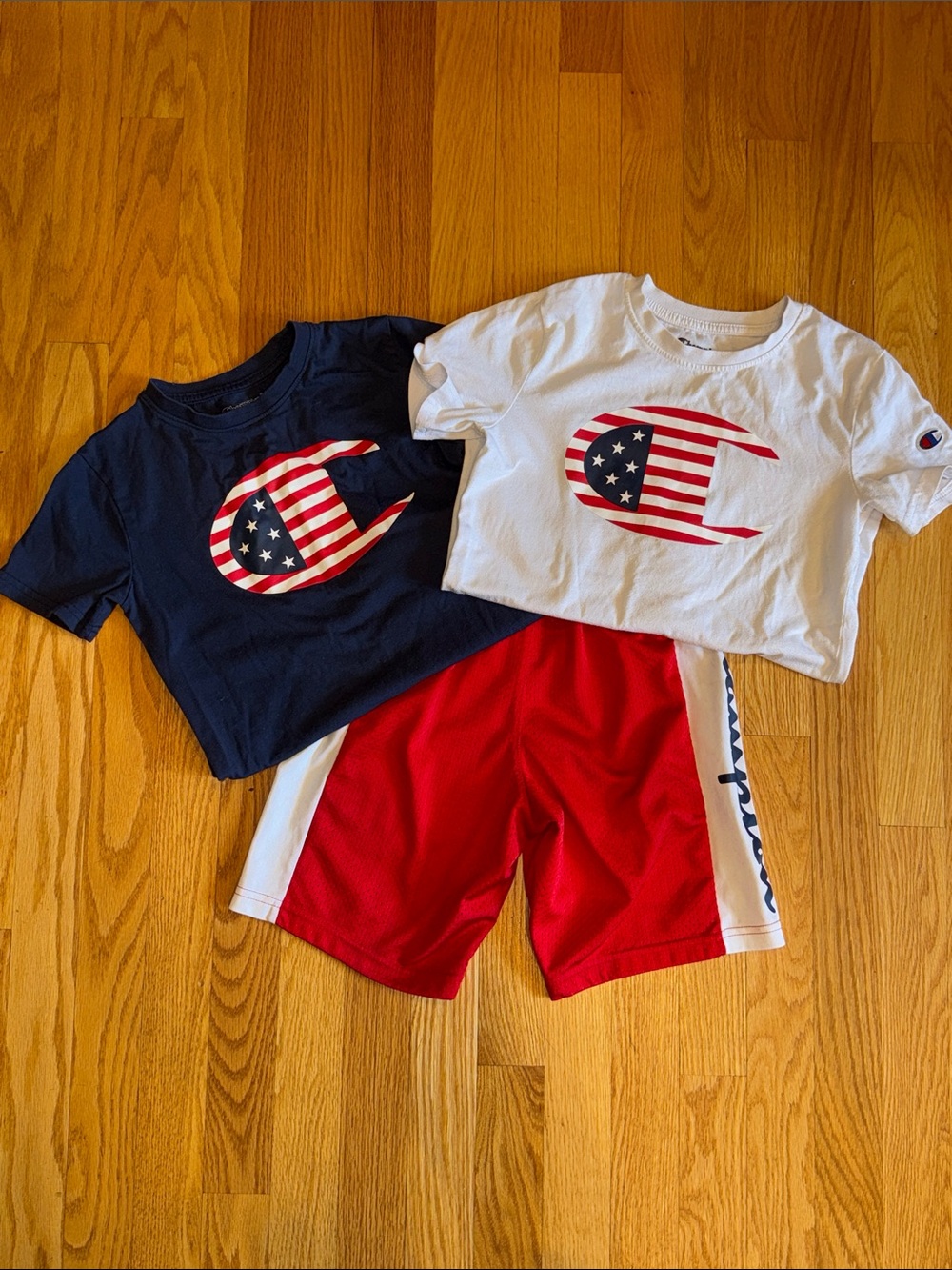 🇺🇸Lot  of Champion Navy & White Patriotic Logo Tees w/ Red Shorts youth small